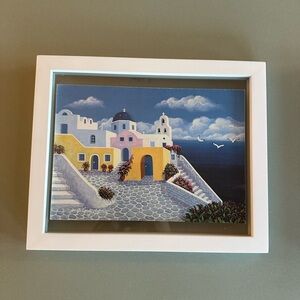 Santorini Greece colorful print in white floating frame